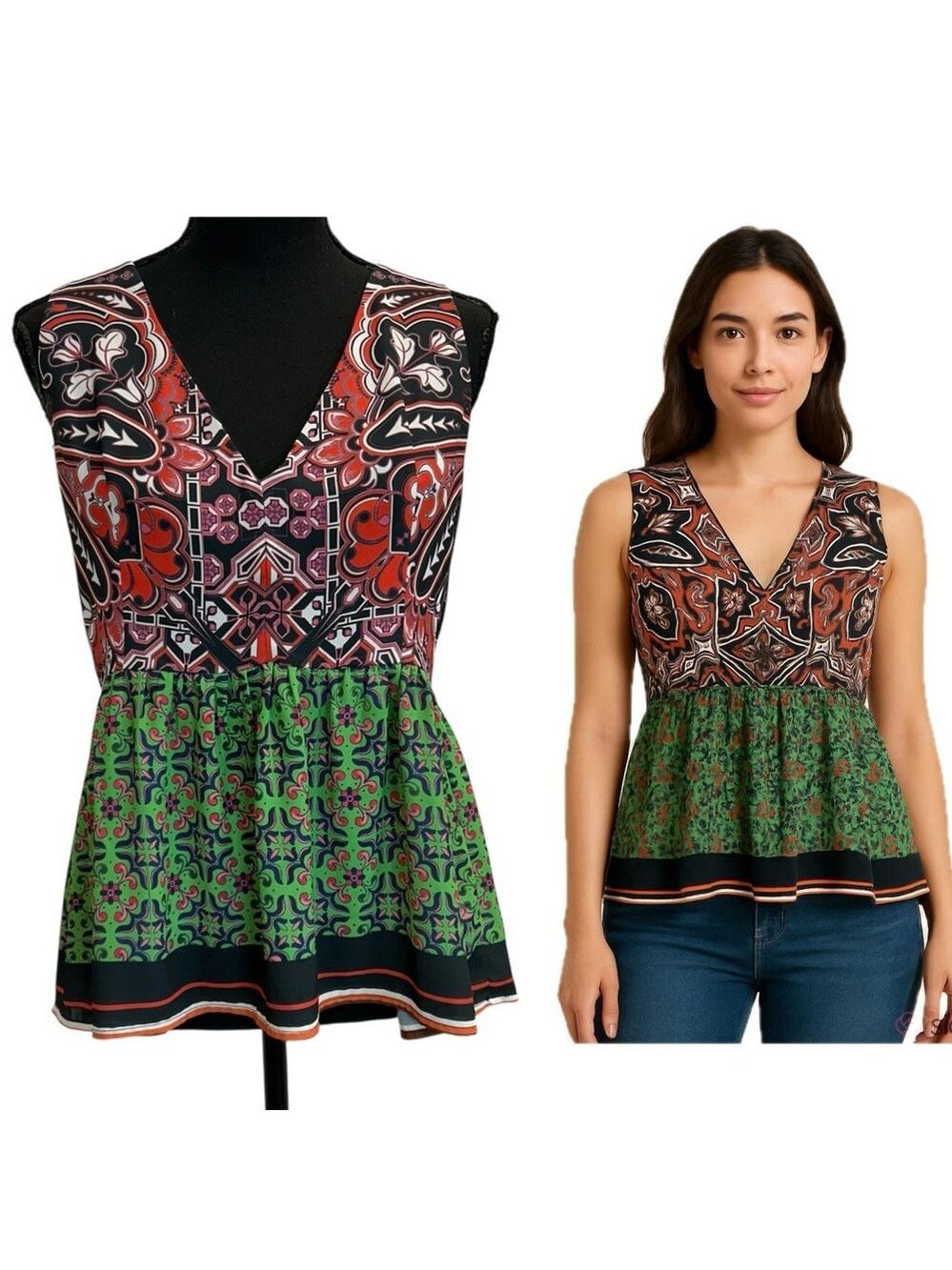 Clover Canyon sleeveless V-neck peplum top blouse multicoloured all over print L